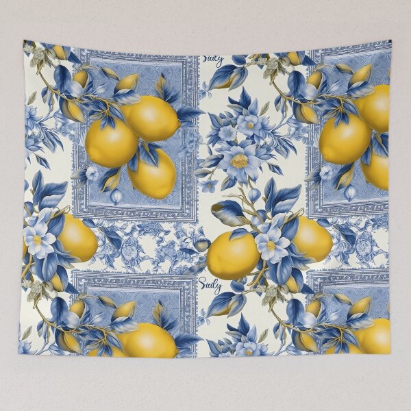 Item preview, Sicily - pattern of blue and yellow lemon tile and blue leander flowers designed and sold by EmeraldeaArt.