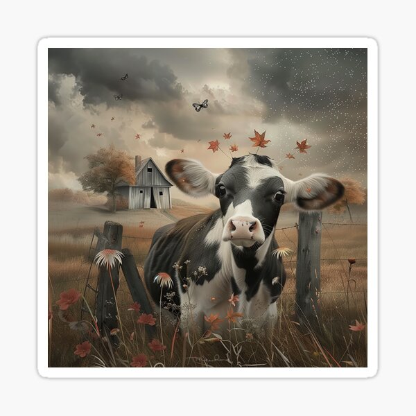 Autumn Cow Serenity: Whimsical Rural Art Print Sticker