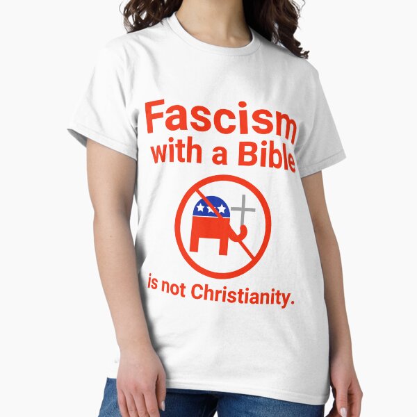 Vista previa del artículo con la obra «El fascismo con una Biblia no es cristianismo», diseñado y vendido por Rachel the Artist .
