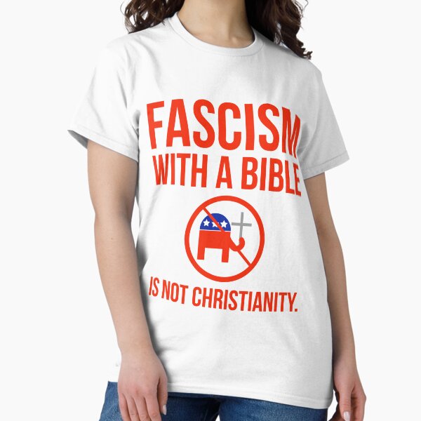 Vista previa del artículo con la obra «El fascismo con una Biblia no es cristianismo», diseñado y vendido por Rachel the Artist .