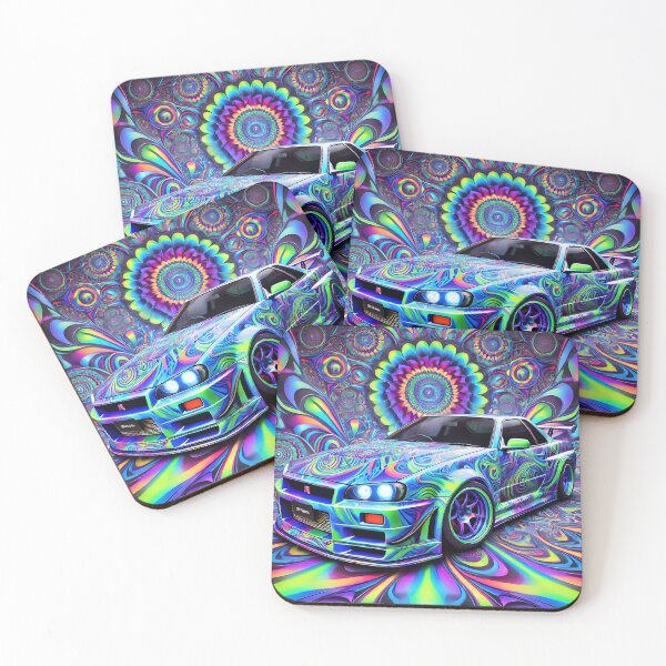 Item preview, Nissan skyline gtr R34 blue/green on psychedelic background designed and sold by Psychacharm.