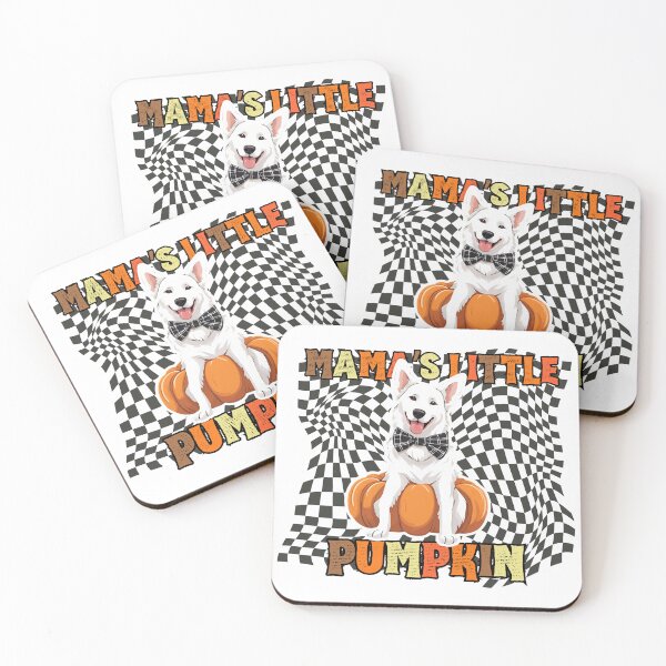 Item preview, "Mama's Little Pumpkin" - White Swiss Shepherd in Halloween Pumpkin with Checkered Background designed and sold by GoodyPaws.
