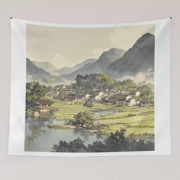 Item preview, Watercolor Chinese Village with Mountains designed and sold by Christian Weiss.
