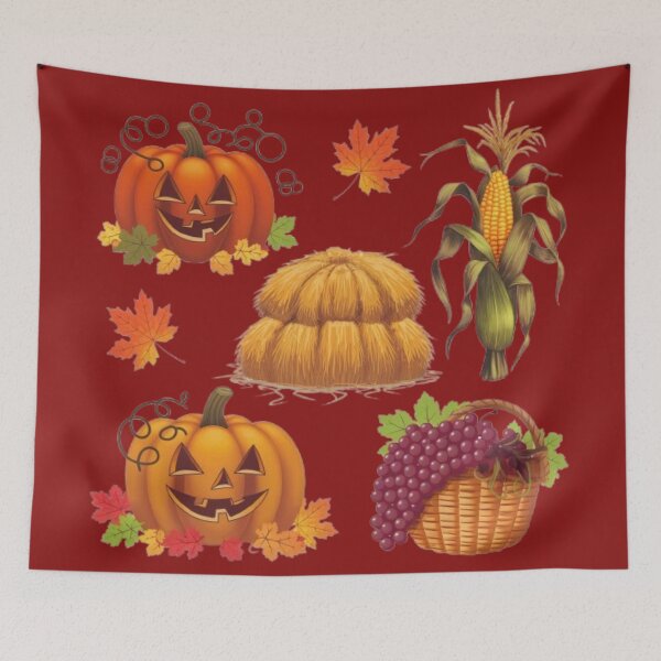Item preview, Autumn Vibes - There is a pumpkin with a smiling face, a haystack, a cornstalk, and a bunch of grapes designed and sold by 123ks.