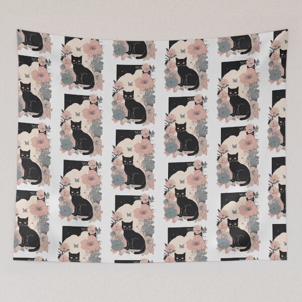 Item preview, Elegant black cat with colorful autumn flowers in an artistic style. designed and sold by Catophile.