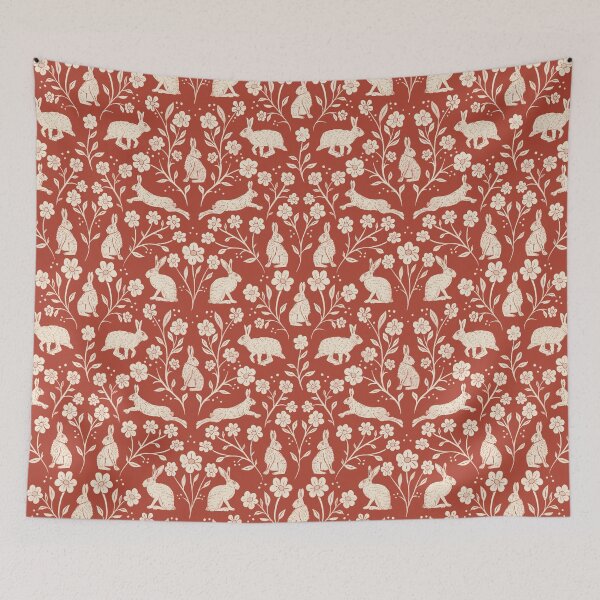 Item preview, Block Printed Brown English Hares and Wildflowers cream and rust designed and sold by NattyDesigns.
