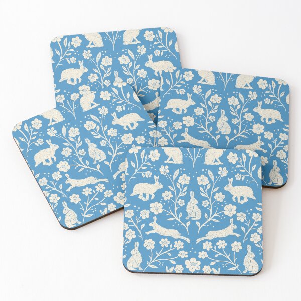 Item preview, Block Printed Brown English Hares and Wildflowers cream and cornflower blue designed and sold by NattyDesigns.