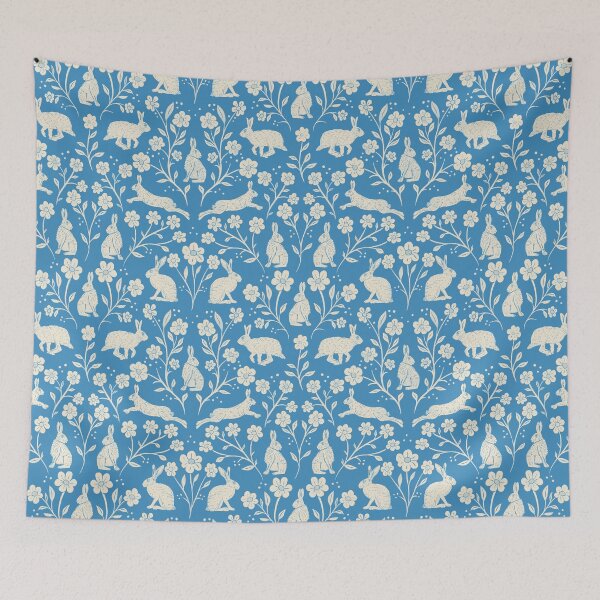 Item preview, Block Printed Brown English Hares and Wildflowers cream and cornflower blue designed and sold by NattyDesigns.