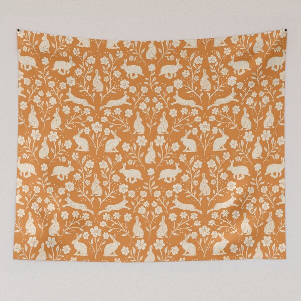 Item preview, Block Printed Brown English Hares and Wildflowers cream and mustard yellow designed and sold by NattyDesigns.