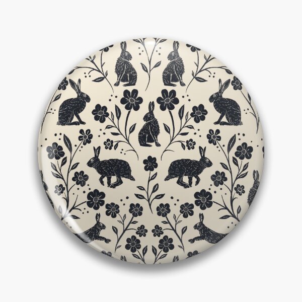 Item preview, Block Printed Brown English Hares and Wildflowers black and cream designed and sold by NattyDesigns.