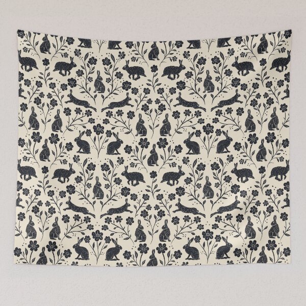 Item preview, Block Printed Brown English Hares and Wildflowers black and cream designed and sold by NattyDesigns.
