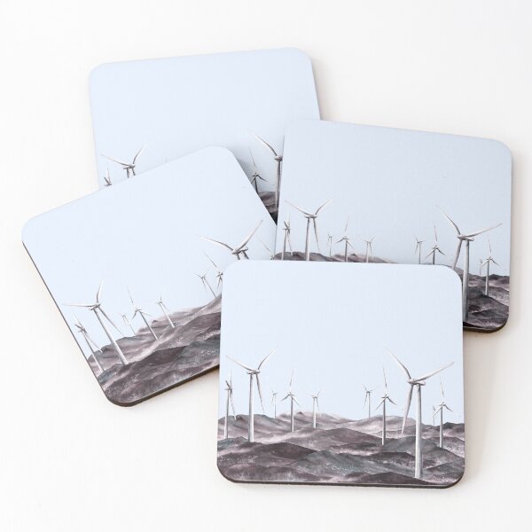 Item preview, Windmills, wind turbine park on mountain ranges, hills, rock. Watercolor monochromatic landscape  designed and sold by BartolArt.