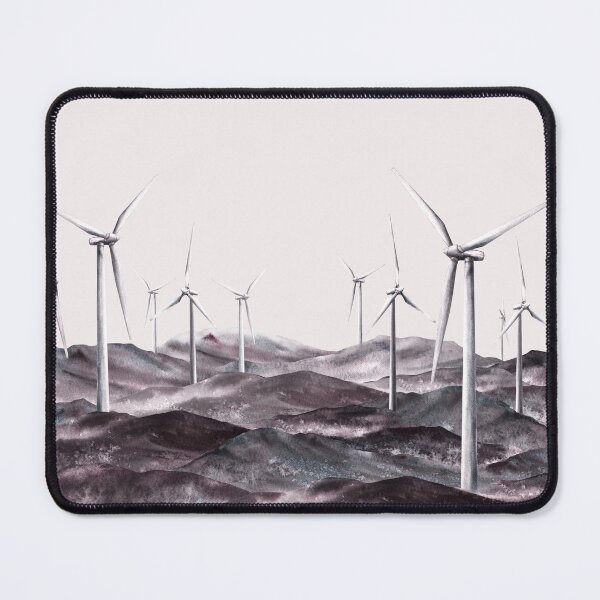 Item preview, Windmills, wind turbine park on mountain ranges, hills, rock. Watercolor monochromatic landscape  designed and sold by BartolArt.