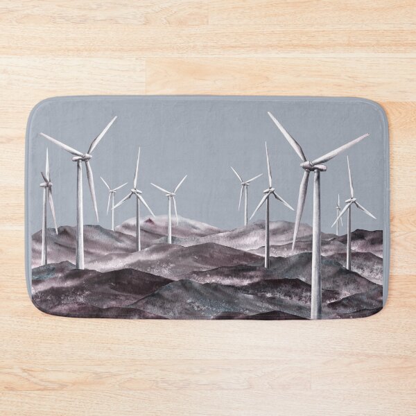 Item preview, Windmills, wind turbine park on mountain ranges, hills, rock. Watercolor monochromatic landscape  designed and sold by BartolArt.