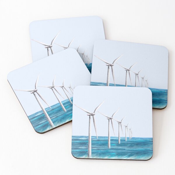 Item preview, Offshore wind farms turbine park on the water, the sea, the ocean. Watercolor windmillseco landscape  designed and sold by BartolArt.