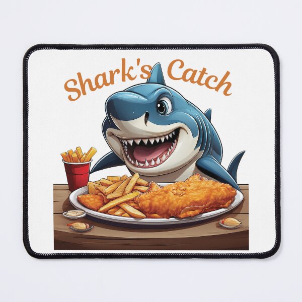Item preview, Silly shark eating fish and chips off a dinner plate on a table with cone of chips on the side designed and sold by Grang Art Artistic Designs.