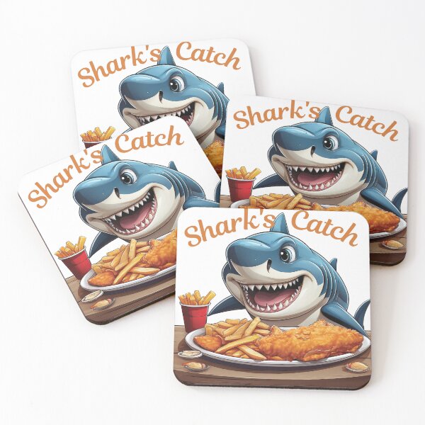 Item preview, Silly shark eating fish and chips off a dinner plate on a table with cone of chips on the side designed and sold by Grang Art Artistic Designs.