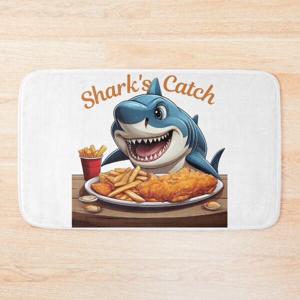Item preview, Silly shark eating fish and chips off a dinner plate on a table with cone of chips on the side designed and sold by Grang Art Artistic Designs.