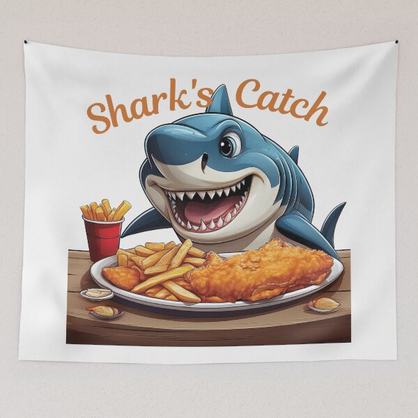 Item preview, Silly shark eating fish and chips off a dinner plate on a table with cone of chips on the side designed and sold by Grang Art Artistic Designs.