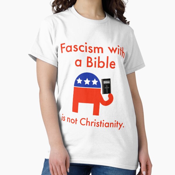 Vista previa del artículo con la obra «El fascismo con una Biblia no es cristianismo», diseñado y vendido por Rachel the Artist .