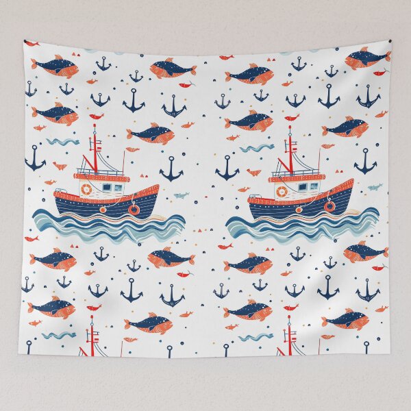 Item preview, Funny Fishing Boat Retro Sea Pattern designed and sold by SecretDicer.