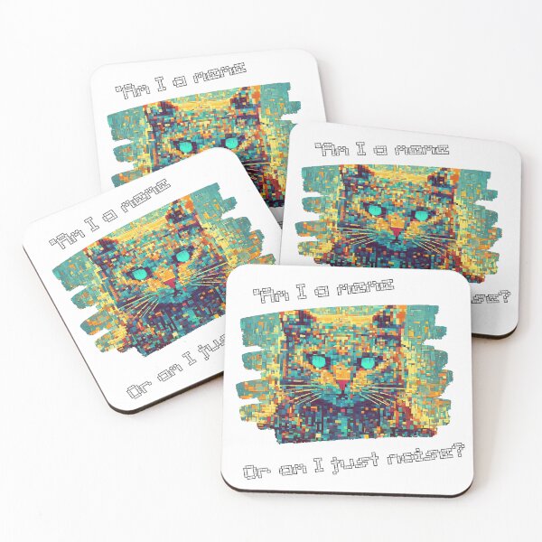 Item preview, metameme absurd design of pixelated cat with phrase: "Am I a meme or just a noise? designed and sold by StyleFused.