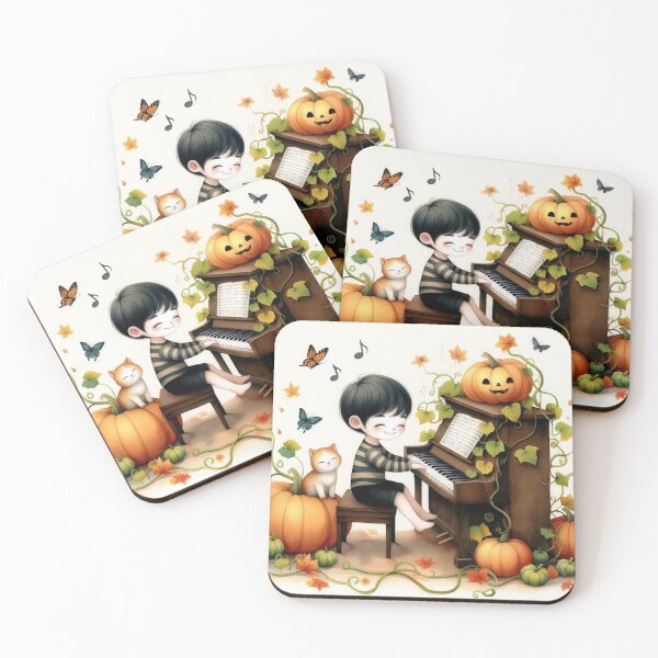 Item preview, Boy Playing Piano with Cat and Jack O Lantern amidst Pumpkin Vines  designed and sold by ElegantTeaTime.