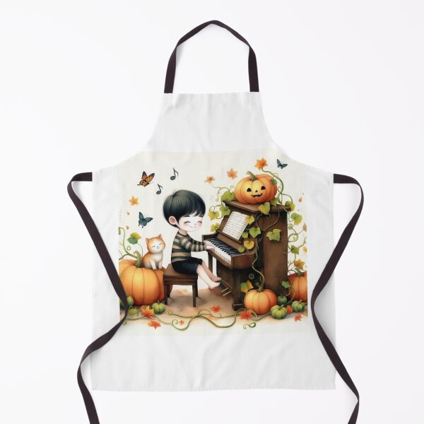 Item preview, Boy Playing Piano with Cat and Jack O Lantern amidst Pumpkin Vines  designed and sold by ElegantTeaTime.