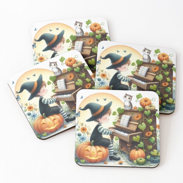 Item preview, Boy with Witch Hat Playing Piano with Cat and Jack O Lantern amidst Pumpkin Vines designed and sold by ElegantTeaTime.