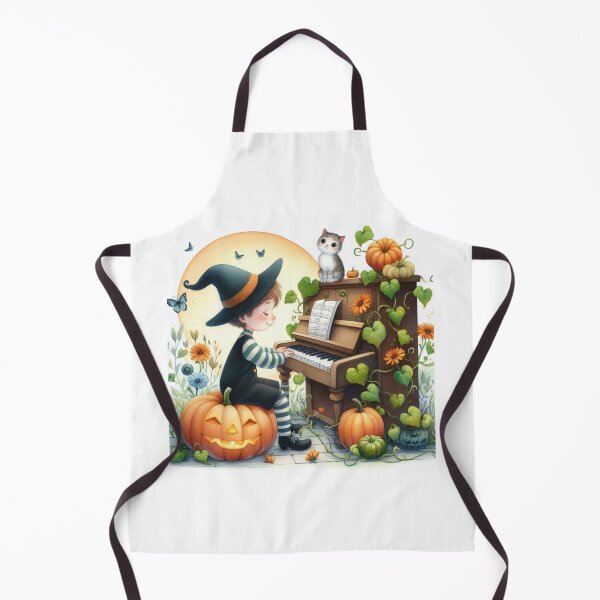 Item preview, Boy with Witch Hat Playing Piano with Cat and Jack O Lantern amidst Pumpkin Vines designed and sold by ElegantTeaTime.