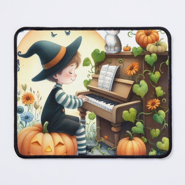 Item preview, Boy with Witch Hat Playing Piano with Cat and Jack O Lantern amidst Pumpkin Vines designed and sold by ElegantTeaTime.