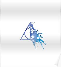 HP Hallows - half paint drops (blue watercolour) - wand, cloak, stone Poster