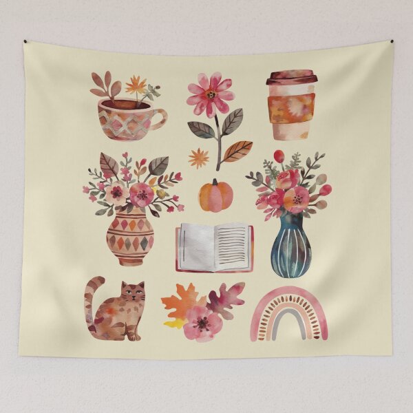 Item preview, Watercolor set for autumn lovers: flowers in a vase, pumpkin, book, rainbow, autumn cat and coffee. designed and sold by SaraSumi.