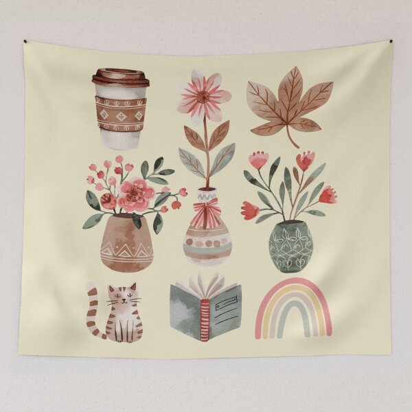 Item preview, A set for lovers of the beauty of autumn: flowers in vases, a book, a leaf, a rainbow, an autumn cat and coffee. designed and sold by SaraSumi.