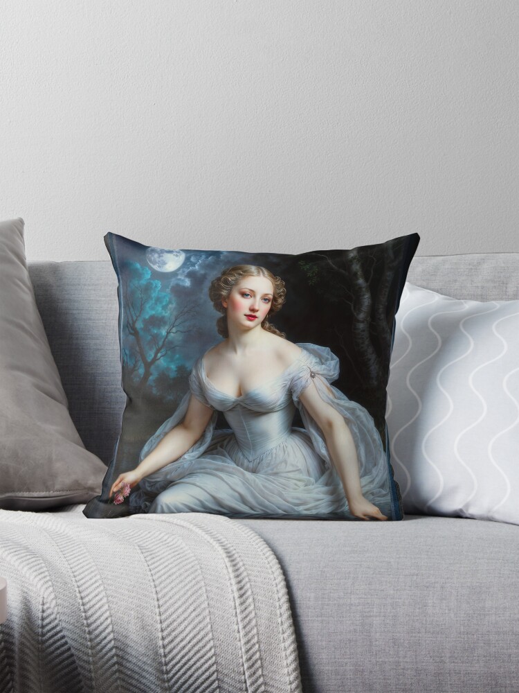 An Ethereal Moonlit Beauty Gathers Pond Flowers At Midnight Mesmerizing AI Concept Art by Xzendor7 Decorative Art Print Throw Pillow