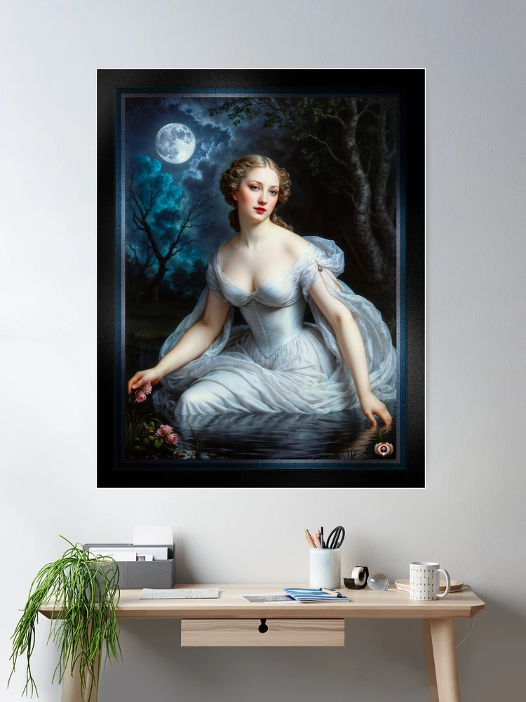 An Ethereal Moonlit Beauty Gathers Pond Flowers At Midnight Mesmerizing AI Concept Art by Xzendor7 Wall Decor Poster Art Print