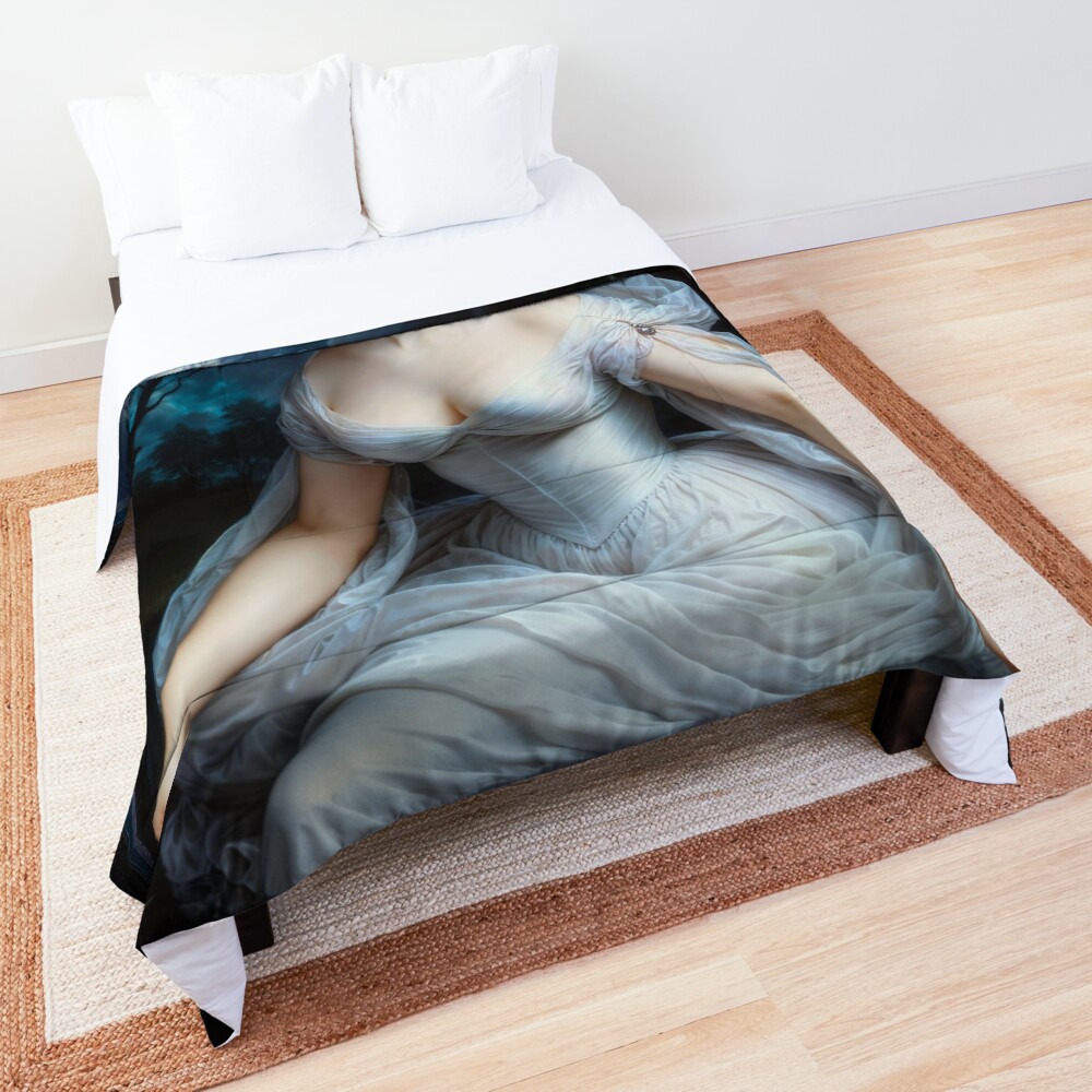 An Ethereal Moonlit Beauty Gathers Pond Flowers At Midnight Mesmerizing AI Concept Art by Xzendor7 Decorative Art Print Comforter