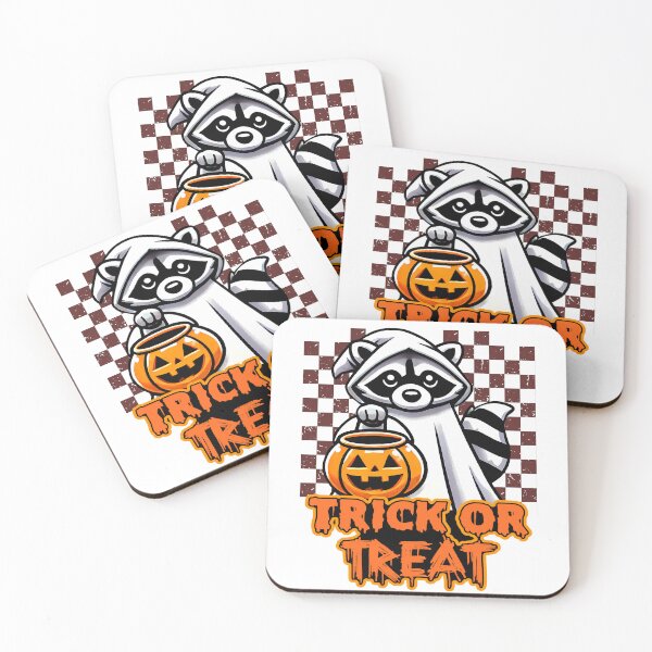 Item preview, Racoon in ghost costume trick or treat designed and sold by CharmSpell.