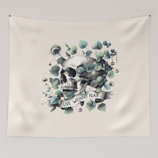 Item preview, Live without fear, Skull and Botany, Human skeleton, gothic, dark floral, memento mori, watercolor art, cool, anatomy art  designed and sold by Collagedream.