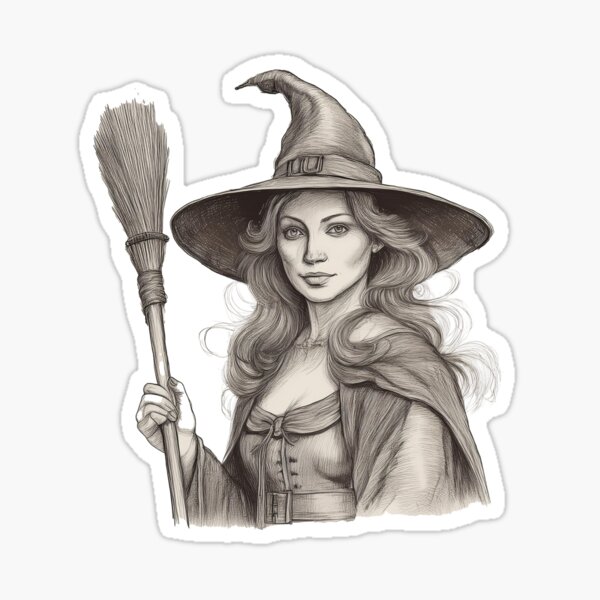 Vintage halloween picture of a Witch with Broomstick for the spooky party season. Sticker