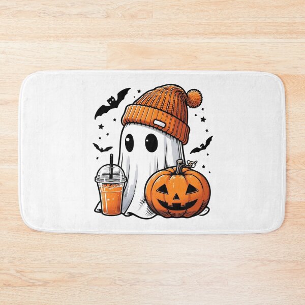 Item preview, Cute ghost in an orange winter hat holding drink with pumpkin and bats designed and sold by Visual Arts Dominika Cybuch.