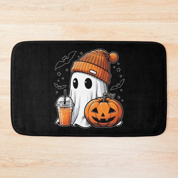 Item preview, Cute ghost in an orange winter hat holding drink with pumpkin and bats for dark background designed and sold by Visual Arts Dominika Cybuch.