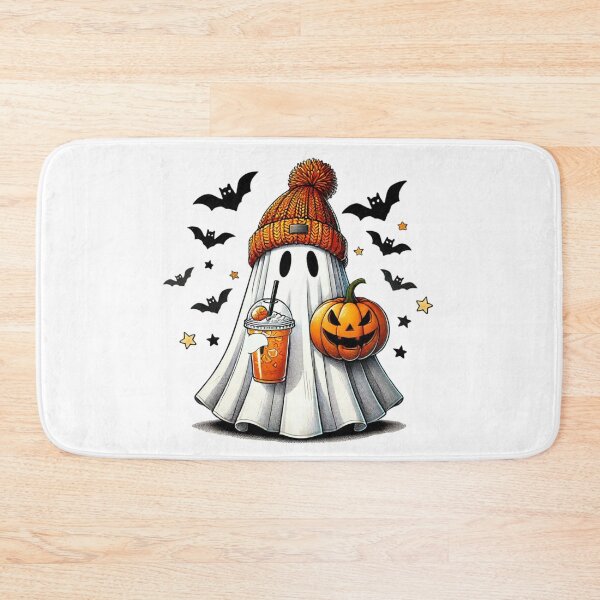 Item preview, Cute ghost in an orange winter hat holding drink with pumpkin and bats designed and sold by Visual Arts Dominika Cybuch.