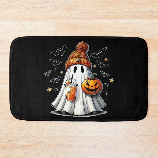 Item preview, Cute ghost in an orange winter hat holding drink with pumpkin and bats designed and sold by Visual Arts Dominika Cybuch.