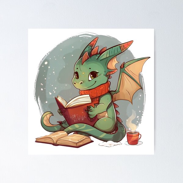 Item preview, Cozy Dragon reading books and drinking hot tea designed and sold by CozyLounge.
