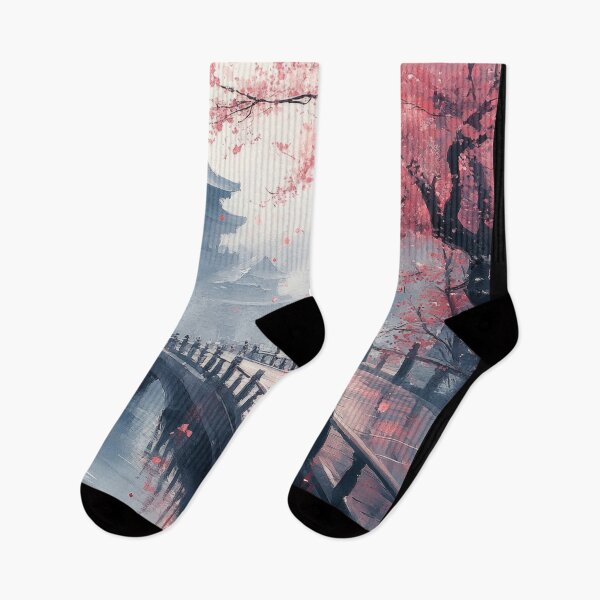 Item preview, A couple walks hand in hand across a peaceful bridge in a misty landscape adorned with cherry blossoms in spring. designed and sold by Jerhus.