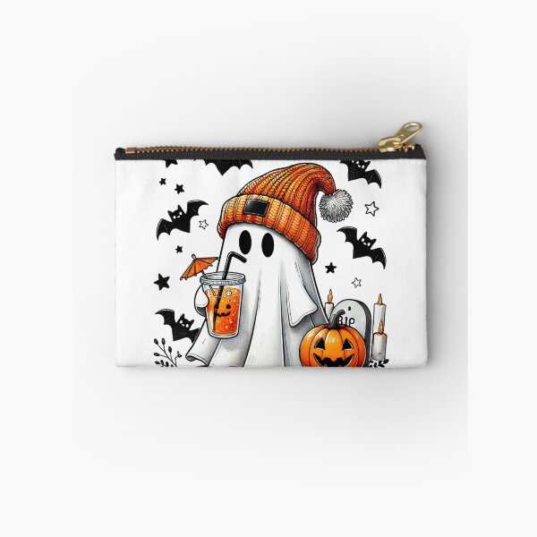 Item preview, Cute ghost in an orange winter hat holding drink with pumpkin and bats designed and sold by Visual Arts Dominika Cybuch.