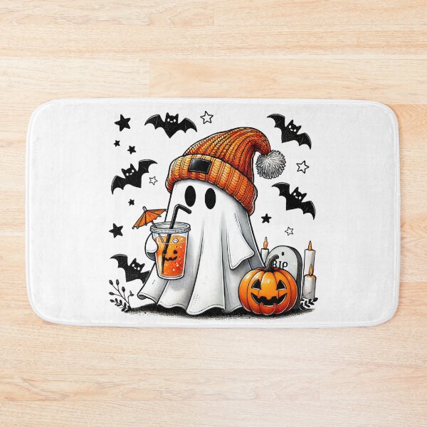Item preview, Cute ghost in an orange winter hat holding drink with pumpkin and bats designed and sold by Visual Arts Dominika Cybuch.