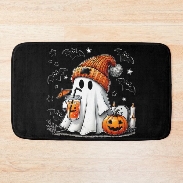 Item preview, Cute ghost in an orange winter hat holding drink with pumpkin and bats for dark background designed and sold by Visual Arts Dominika Cybuch.