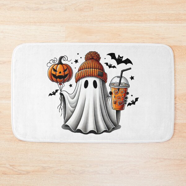 Item preview, Cute ghost in an orange winter hat holding drink with pumpkin and bats designed and sold by Visual Arts Dominika Cybuch.
